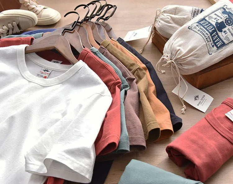 Summer New American Retro Short-sleeved O-neck Soild Color T-shirt Men's Fashion Simple 100% Cotton Washed Casual Sport Tops