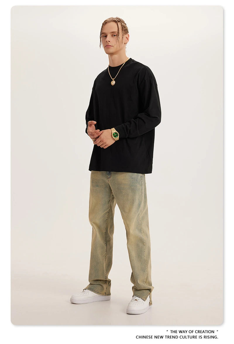 ZODF New Autumn Men's 260gsm 100% Cotton T Shirts Unisex Retro High Street Loose Washed Solid Tees Streetwears HY0376