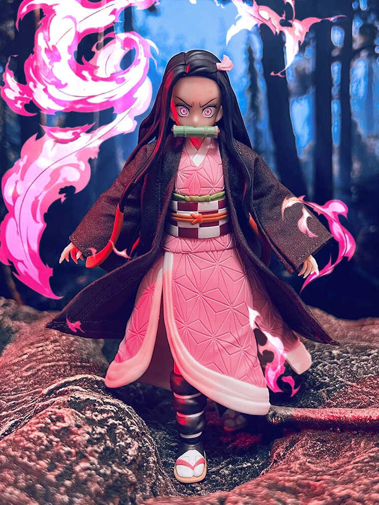 1/12 Figma Agatsuma Zenitsu Mini Orange Windbreaker Shf Kamado Nezuko Black Coat Pink Hemline Coat Toys For 6" Demon Slayer Cos