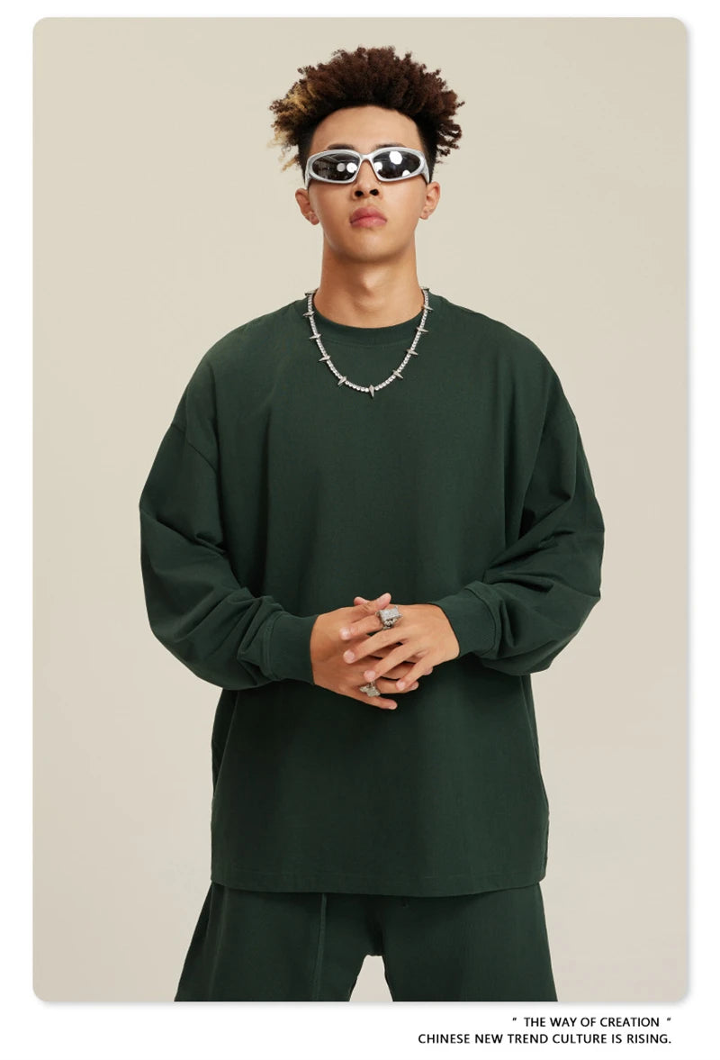 ZODF NEW Autumn Men's Solid Full Sleeve T Shirts Unisex Loose Oversized Casual 305GSM Cotton Basic T-Shirt Brand TEE HY0209