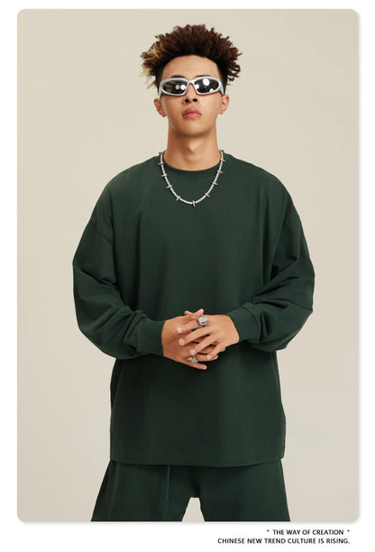 ZODF NEW Autumn Men's Solid Full Sleeve T Shirts Unisex Loose Oversized Casual 305GSM Cotton Basic T-Shirt Brand TEE HY0209