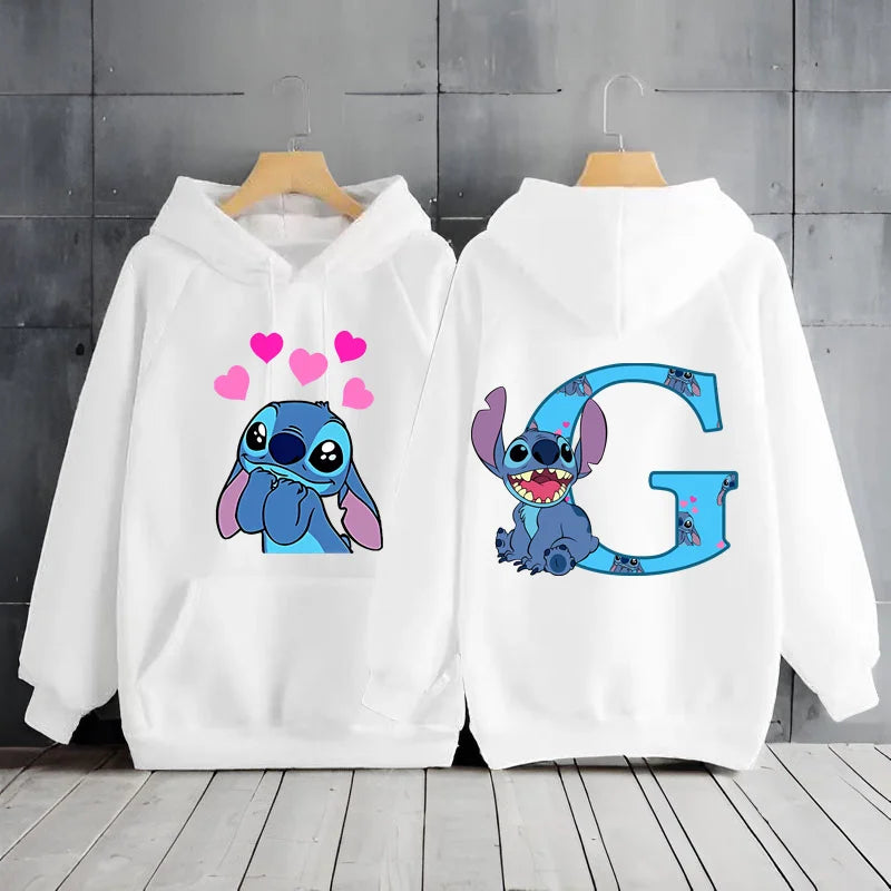 2025 Women's Winter Jacket Cute Kawaii Disney Lilo & Stitch Lucky Letter Print White Hoodie Fashion Couple Streetwear Sportswear