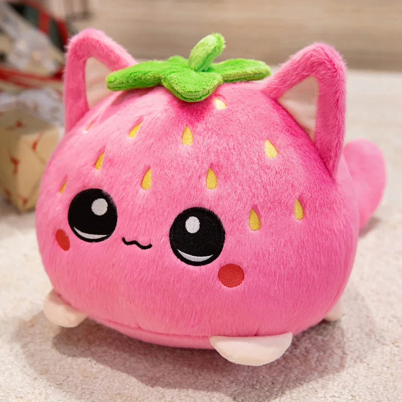 Kawaii Strawberry Cat Plush Toy Cute Pink Cat Stuffed Animal Cuddly Doll Soft Cartoon Plushies Birthday Gift for Girl Home Decor
