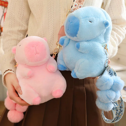 High Quality Fluffy Capybara Plush Bag Furry Stuffed Animal Capybara Soft Shoulder Bag with Cute Fruit Charm Decor for Girl