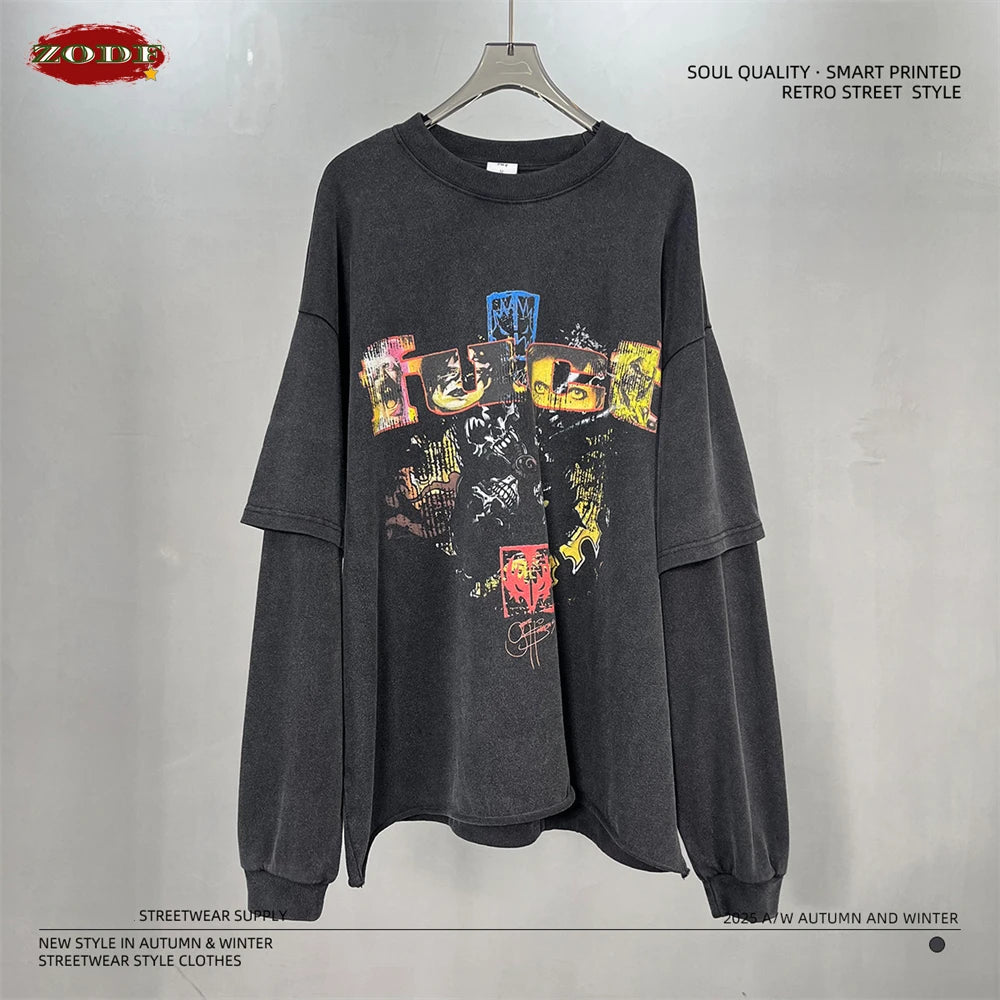 ZODF Retro 2025 Autumn Men 345gsm Washed Full Sleeve T-Shirts Unisex Heavy Weight Punk Style Printing Cotton T Shirt HY0012