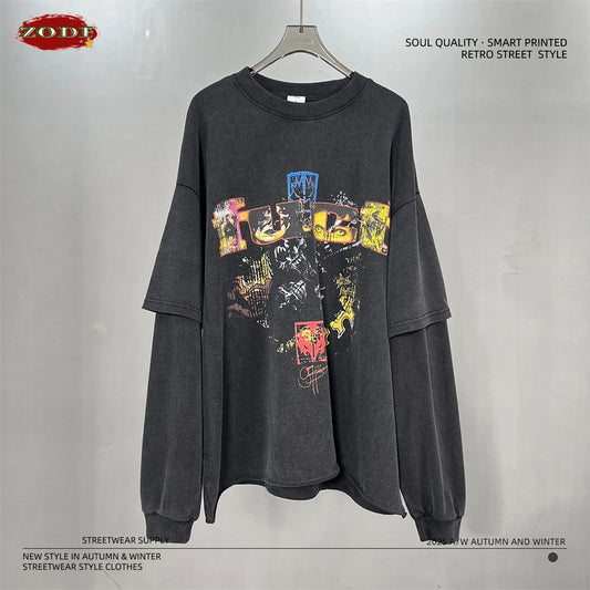 ZODF Retro 2025 Autumn Men 345gsm Washed Full Sleeve T-Shirts Unisex Heavy Weight Punk Style Printing Cotton T Shirt HY0012