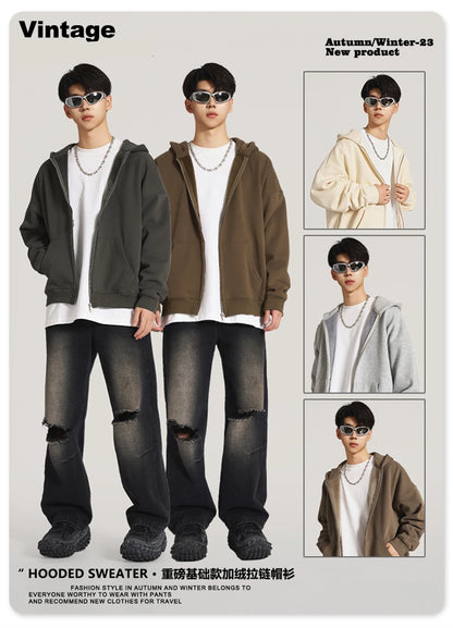 ZODF New Winter Men Zipper Fleece Hoodies Unisex Loose Heavy Weight Thick Warm Basic 420gsm Hooded Coats Hoodie HY0747