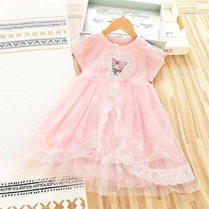 MINISO Girls Dress Blue Toddler Girl Mesh Lace Dress Summer Infant Fuffy Tulle Tutu Frozen Princess Dress 2 to 3 4 5 6 7 8Years