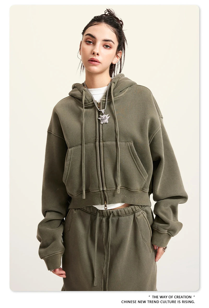 ZODF Retro 2025 Winter Women Short Zipper Hoodies Female Girls Loose 355gsm Thick Fleece Hooded Zip-up Coat Streetwears HY0448