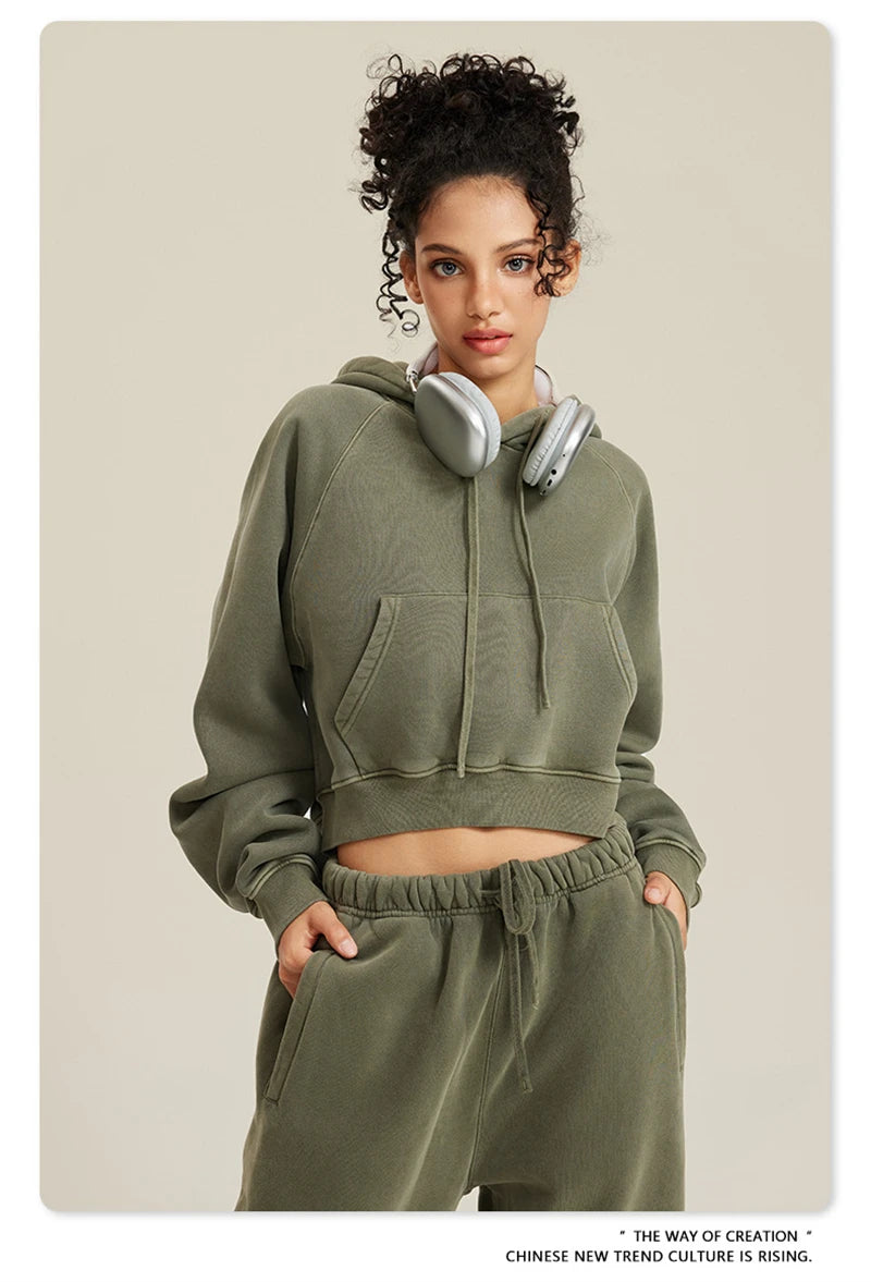 ZODF Women Hotsweet 2025 Winter Washed Fleece Crop Hoodies Girls Oversized Raglan Sleeve 400gsm Hooded Pullovers HY0648