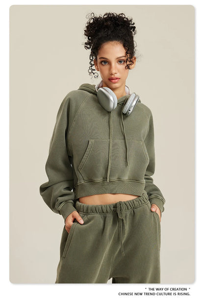 ZODF Women Hotsweet 2025 Winter Washed Fleece Crop Hoodies Girls Oversized Raglan Sleeve 400gsm Hooded Pullovers HY0648