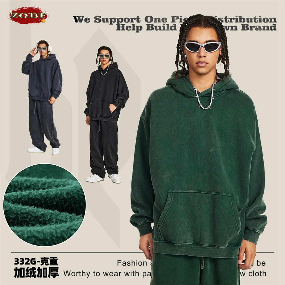 ZODF Retro Men’s Winter Washed Fleece Hoodie 360gsm Warm Knitted Loose Hooded Pullover Streetwear HY0887