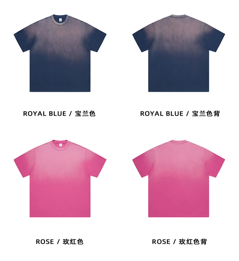 ZODF New Men's Summer Washed Gradient Cotton T-Shirts Unisex Women Retro Distressed 310gsm Ripped T Shirt Brand Tops HY0859