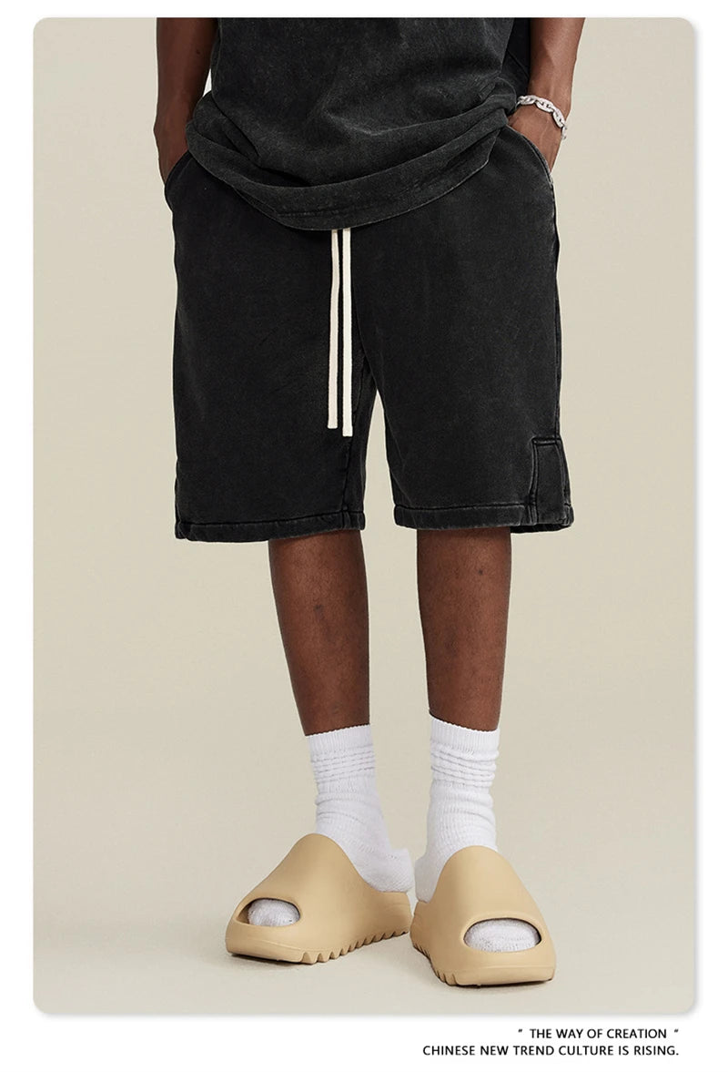 ZODF 2024 Summer Men 350gsm Washed Cotton Shorts Unisex Retro High Street Loose Side Slit Short Pants Streetwears HY0839
