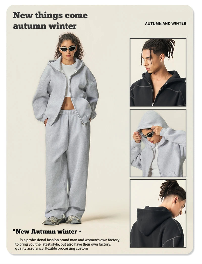 ZODF New Winter 350gsm Man Fleece Boxy Fit Zipper Hoodie Unisex Hip Hop Solid Warm Hooded Coat Brand Jackets HY0034