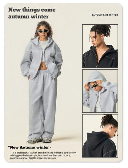 ZODF New Winter 350gsm Man Fleece Boxy Fit Zipper Hoodie Unisex Hip Hop Solid Warm Hooded Coat Brand Jackets HY0034