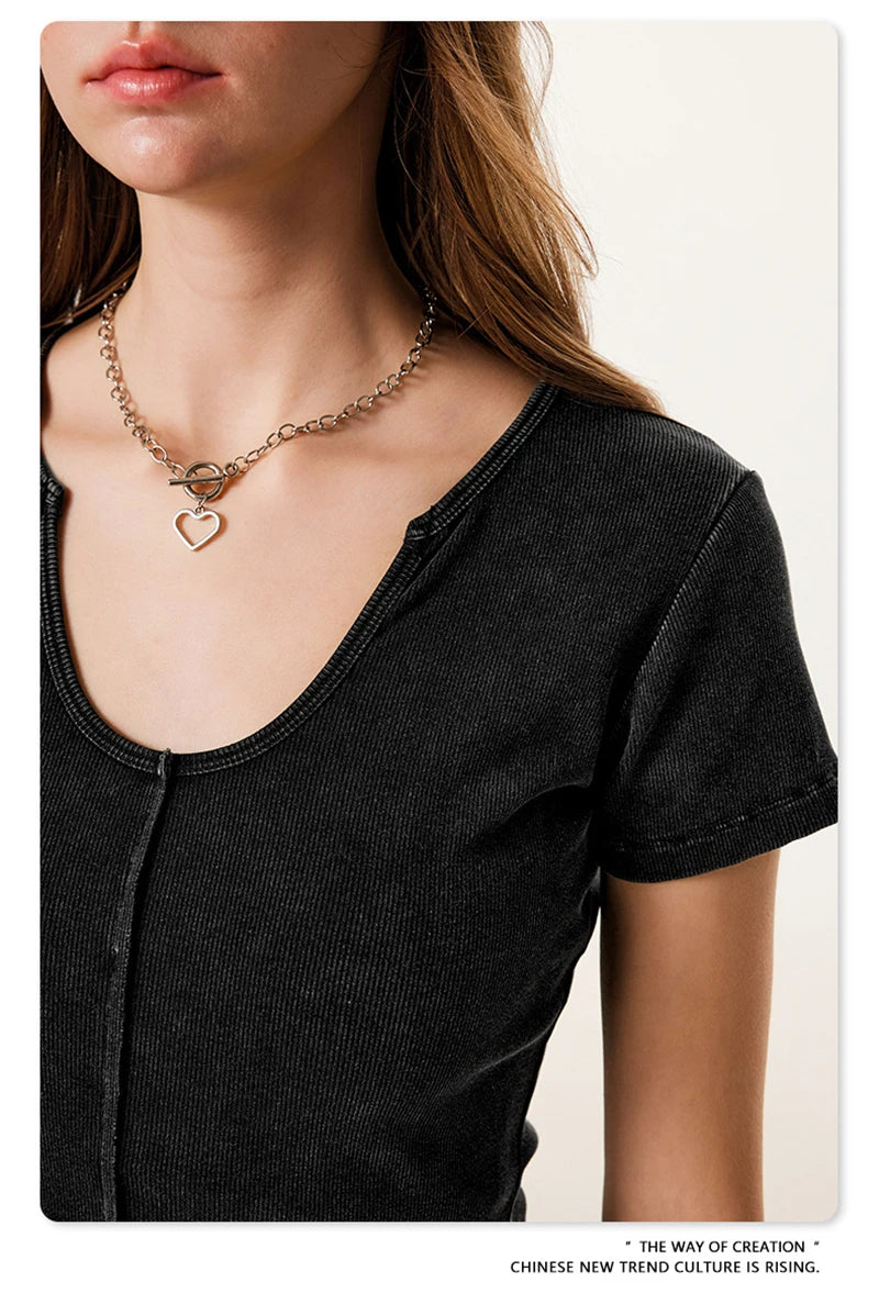 ZODF Women Retro 2025 Summer 275gsm U Collar Washed T-Shirts Hotsweet Girls Sexy Slim Fit T Shirt Brand Tees HY0992