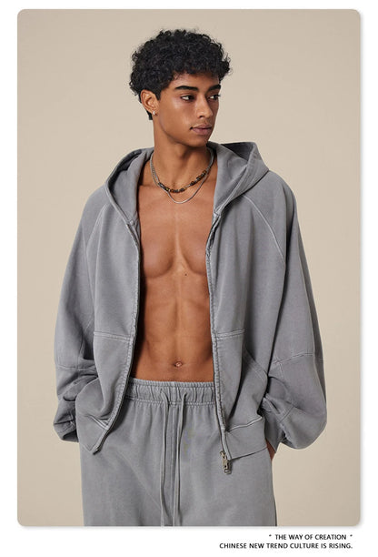 ZODF Heavy Wieght 480gsm Washed Cotton Boxy Zipper Hoodies For Man Unisex Retro Patchwork Off Shoulder Hooded Coats HY1152