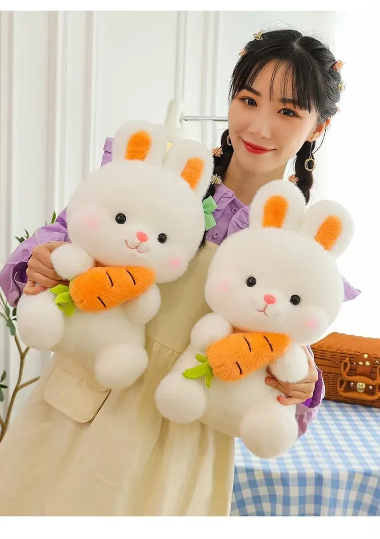 25-50cm Adorable Fuzzy Bunny Hold Carrot Plush Toy Stuffed White Rabbit with Foods on Hand Kids Hug Cuddly Plushie for Children