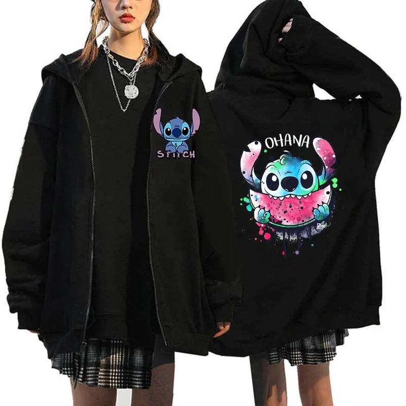 Women's Zip Hoodies Disney Role Play Lilo & Stitch Graphic Print Sweatshirt Winter Outerwear Girls Student College Clothing Tops