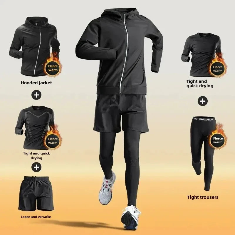Men’s Winter Fleece-Lined Quick-Dry Warm-Up Sports Set for Running Cycling Fitness Training - 5-pcs set / M
