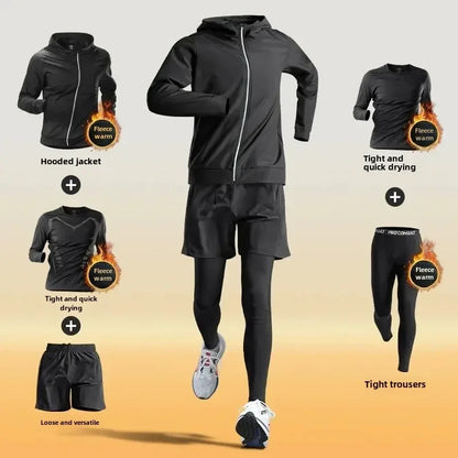 Men’s Winter Fleece-Lined Quick-Dry Warm-Up Sports Set for Running Cycling Fitness Training - 5-pcs set / M