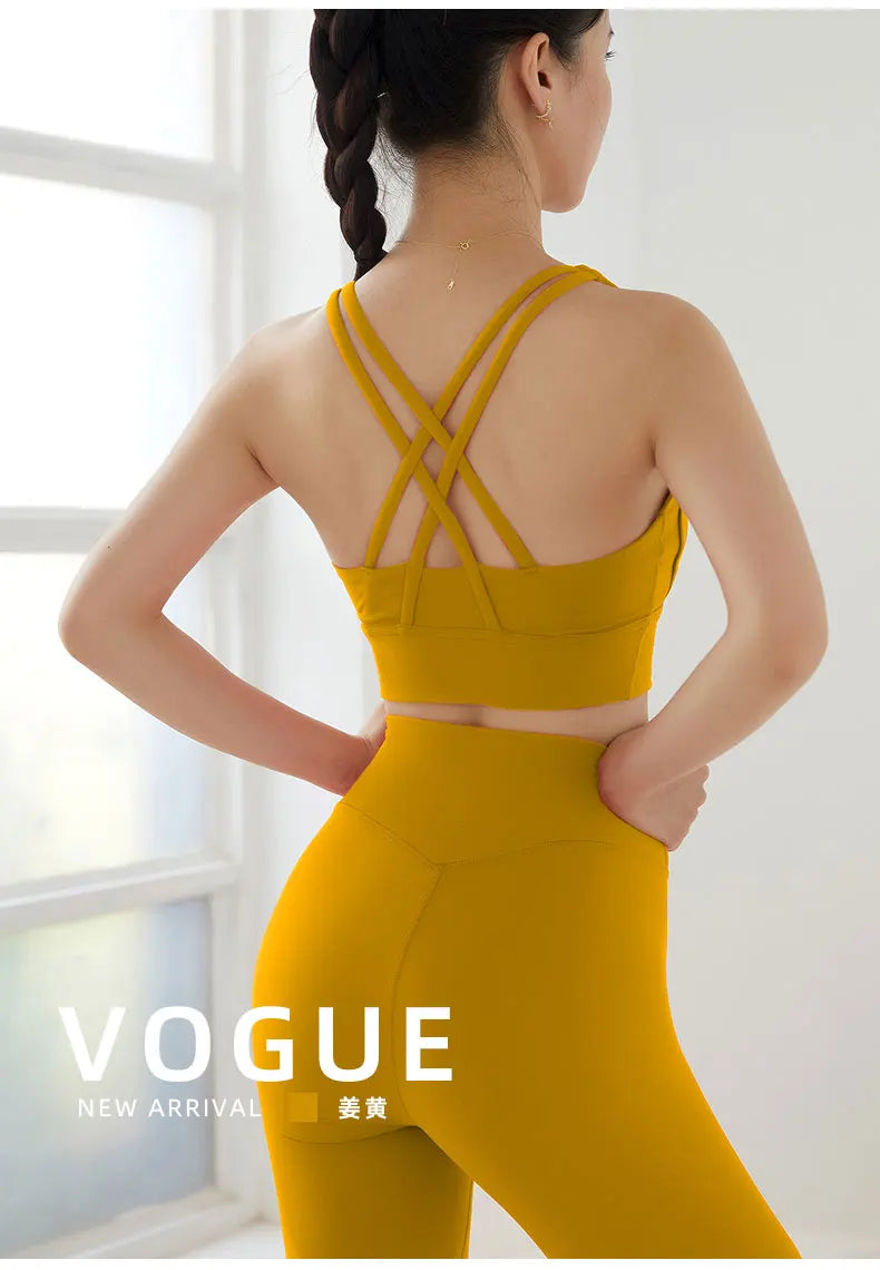 2 Piece Yoga Set Solid Color Women's High Waisted Leggings Tight-Fitting Quick-Drying Running Underwear Cross Bra Fitness Suit