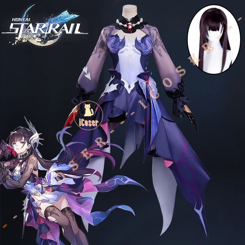 Honkai Star Rail Hysilens Cosplay Costume Wig Dress Headwear Earrings Rings Halloween Party for Women Girls Carnival Role Play