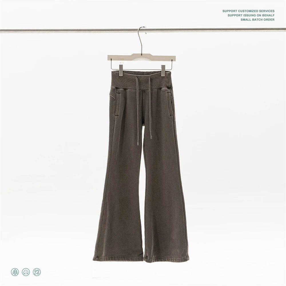 ZODF Retro Winter Women 400gsm Fleece Flared Pants Casual Girls Female Slim Fit Warm Washed Distressed Trousers HY1142