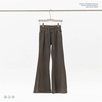 ZODF Retro Winter Women 400gsm Fleece Flared Pants Casual Girls Female Slim Fit Warm Washed Distressed Trousers HY1142