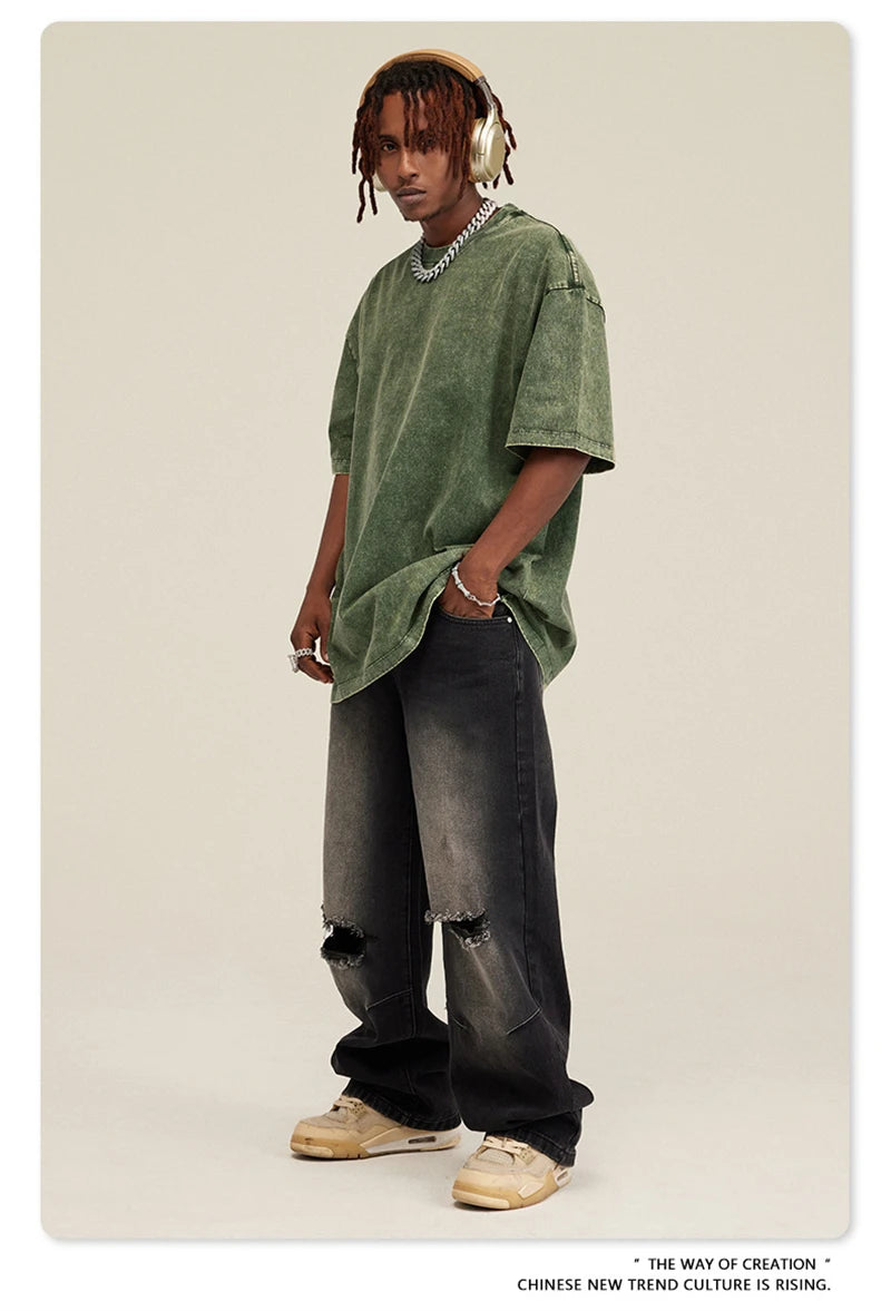 ZODF New Summer Men Washed Batik Cotton T Shirts Unisex American Retro High Street 270gsm Short Sleeve Tees Streetwear HY0489