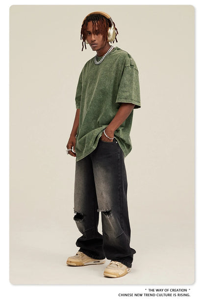 ZODF New Summer Men Washed Batik Cotton T Shirts Unisex American Retro High Street 270gsm Short Sleeve Tees Streetwear HY0489