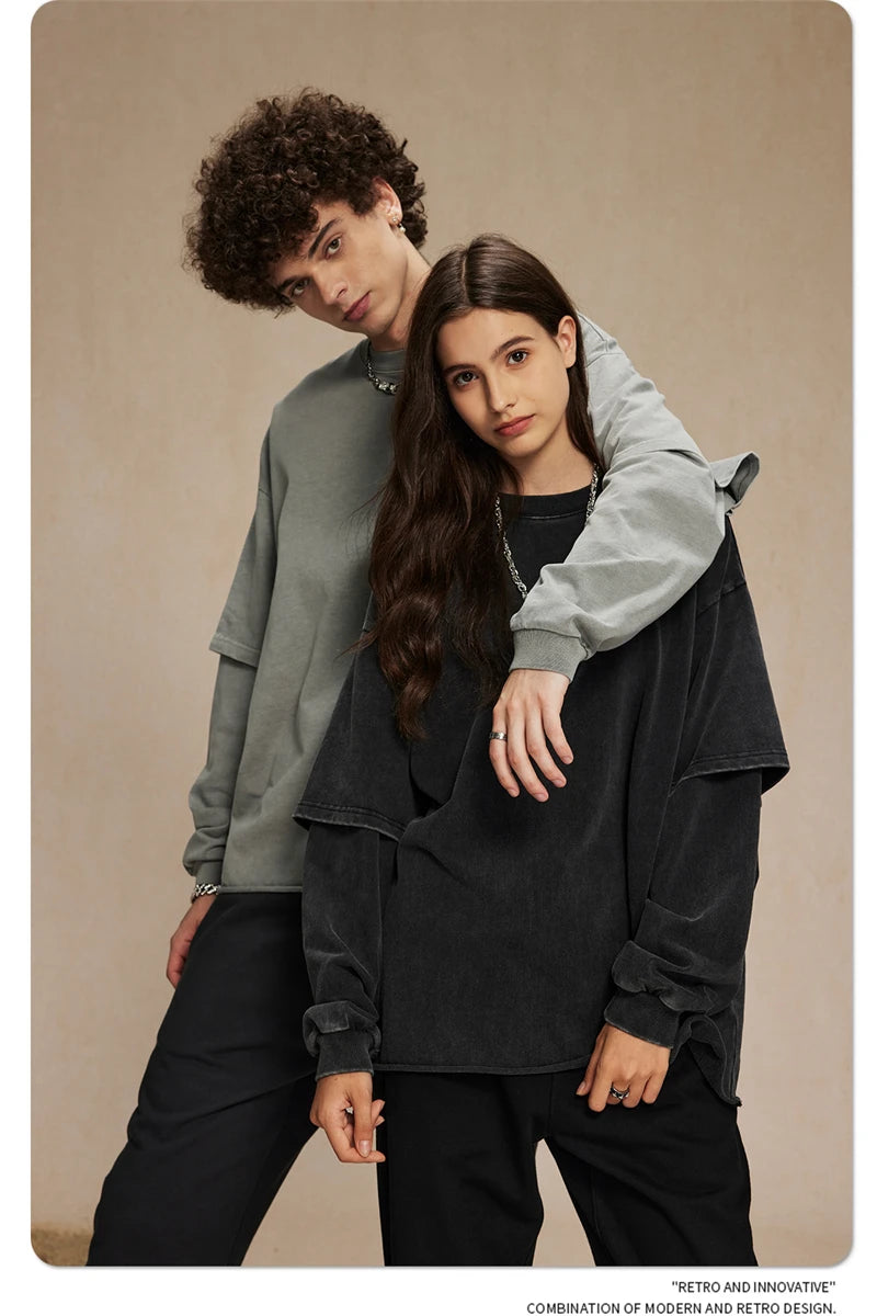 ZODF Retro Autumn Men Washed Cotton T-Shirts Unisex Loose Edge Fake 2-Piece 345gsm Full Sleeve O Neck T Shirt Brand Tops HY0928