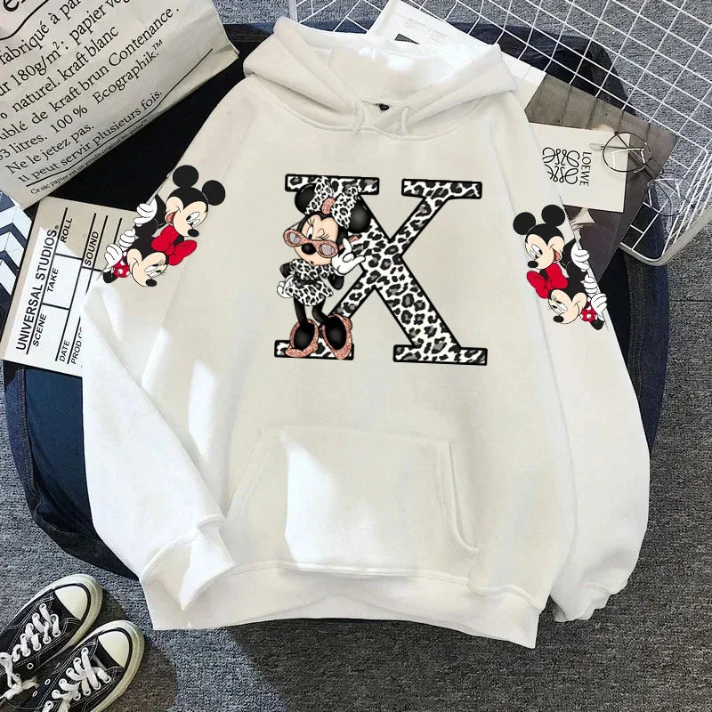 2024 Women's Winter Jacket Cute Kawaii Disney Mickey Mouse Lucky Letters Print White Hoodie Fashion Couple Streetwear Sportswear