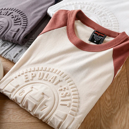 Summer New American Retro Long-sleeved O-neck 3D Letter Printed T-shirt Men's Fashion Simple 100%Cotton Washed Casual Sport Tops