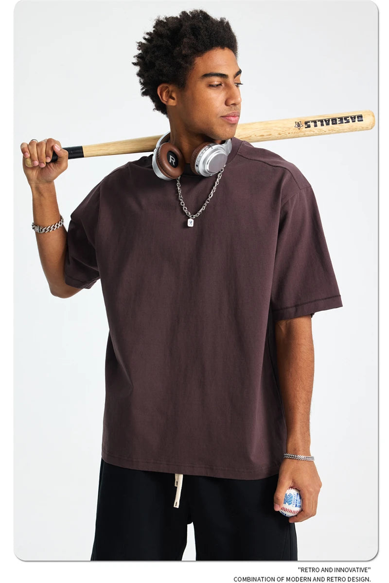 ZODF Trendy 2025 Men 275gsm Cotton T-Shirts Unisex Summer Patchwork Solid O Neck T Shirt Brand Tees HY1045