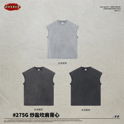 ZODF Trendy Summer Men Batik Washed 275gsm Cotton Tank Tops Unisex Oversized Loose Edge Sleeveless Vests Brand Tees HY1036