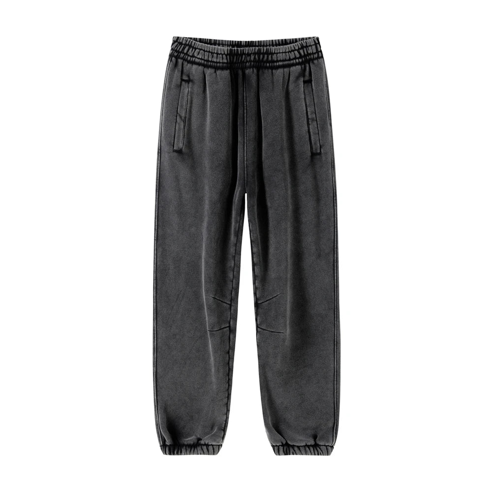 ZODF Retro Winter 360gsm Batik Washed Fleece Sweatpants Unisex Loose Drawstring Warm Joggers HY0714 - black / S / China