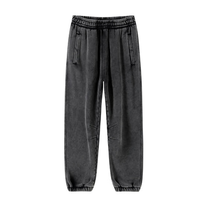 ZODF Retro Winter 360gsm Batik Washed Fleece Sweatpants Unisex Loose Drawstring Warm Joggers HY0714 - black / S / China