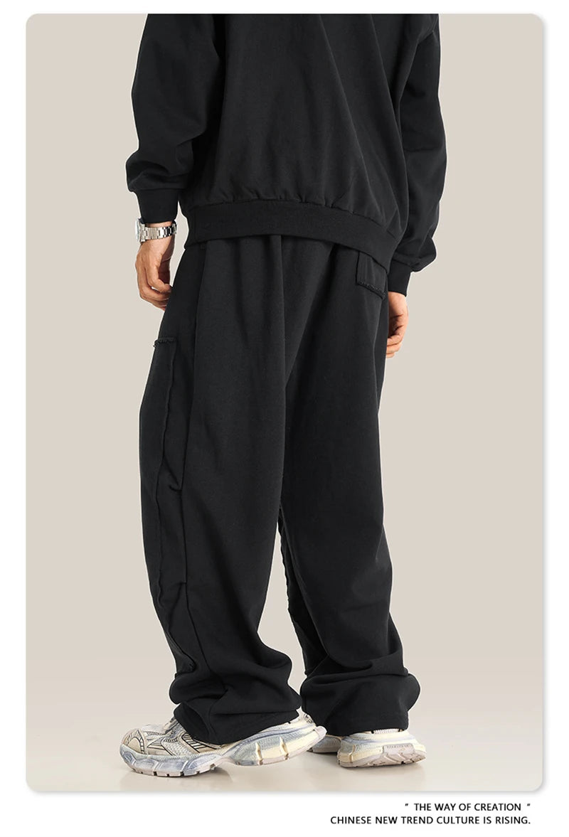 ZODF Fashion 2024 Winter Patches Fleece Straight Pants Retro Unisex Loose Washed 305gsm Warm Soft Trousers Brand Bottoms HY0872