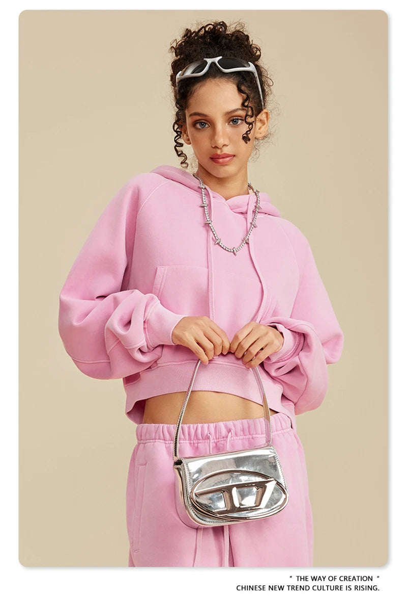 ZODF Women Hotsweet 2025 Winter Washed Fleece Crop Hoodies Girls Oversized Raglan Sleeve 400gsm Hooded Pullovers HY0648