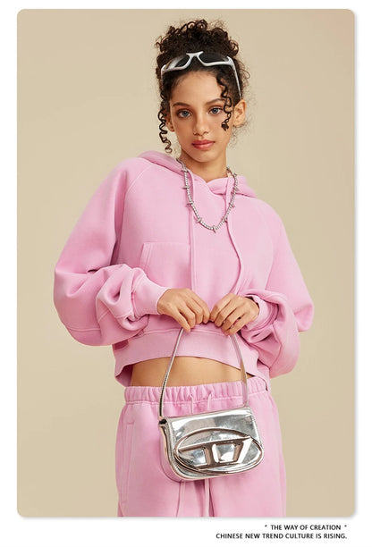 ZODF Women Hotsweet 2025 Winter Washed Fleece Crop Hoodies Girls Oversized Raglan Sleeve 400gsm Hooded Pullovers HY0648