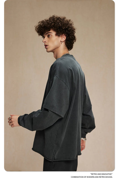 ZODF Retro Autumn Men Washed Cotton T-Shirts Unisex Loose Edge Fake 2-Piece 345gsm Full Sleeve O Neck T Shirt Brand Tops HY0928