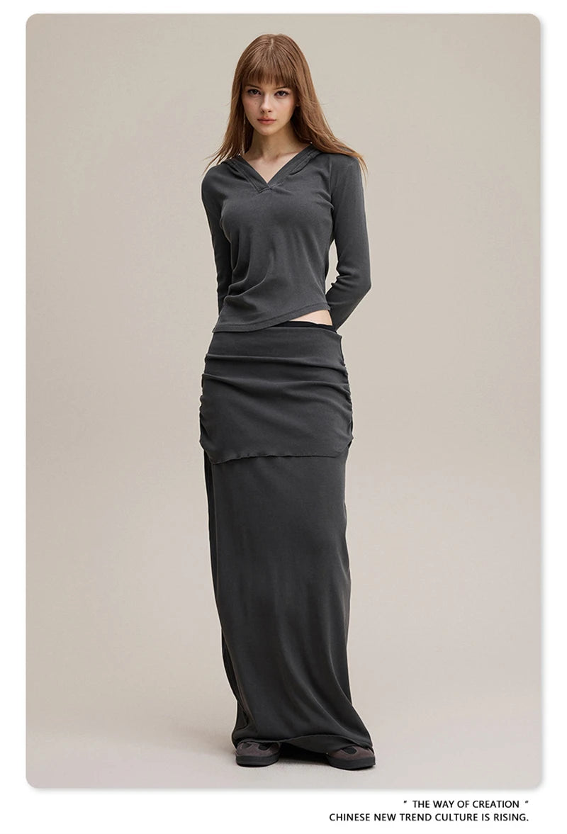 ZODF Sexy Women Autumn Washed 275gsm Hooded T Shirt Ladies Girls Slim Fit Distressed Side Pleated T-Shirts Tees HY1149