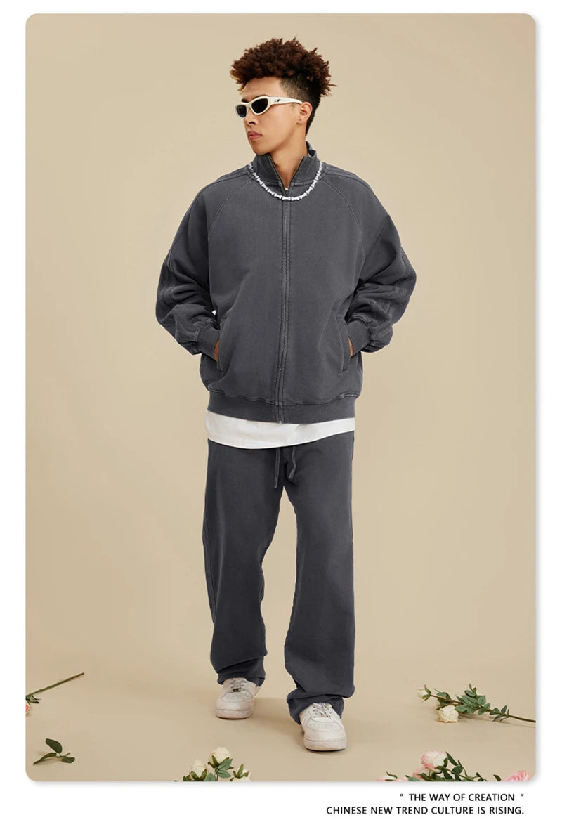 ZODF Fashion Autumn Winter Men Washed 450gsm Pants Unisex High Street Oversized Straight Trousers Streetwears HY0626