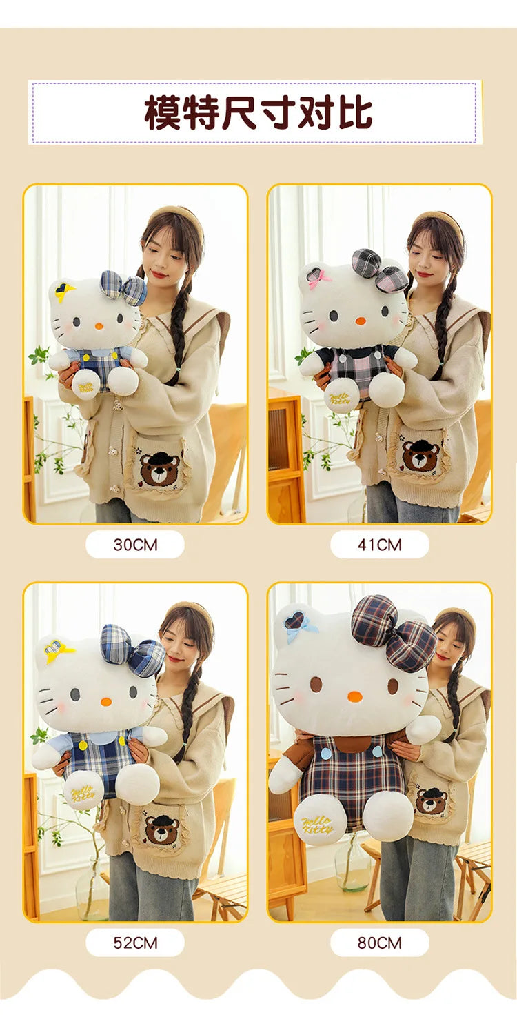 Sanrio Hello Kitty Plush Toy Retro Plaid Skirt Kitty Doll Stuffed Animal Creative Gift for Kids Birthday Christmas Girls Pillow