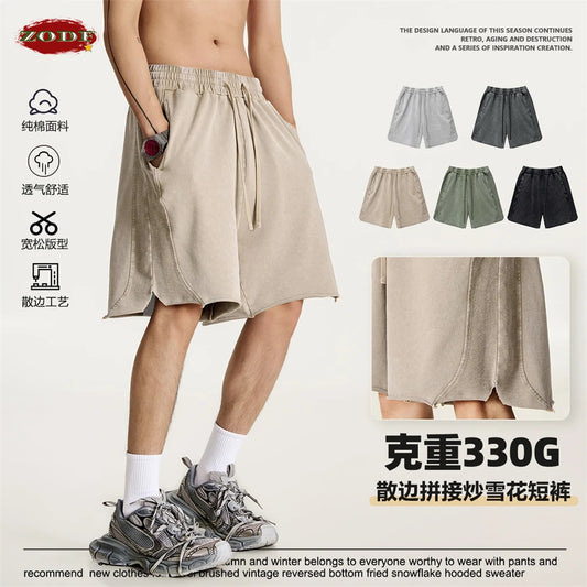 ZODF Vintage 2025 Summer Washed Cotton Shorts For Men Unisex Retro High Street Loose Edge Distressed 330gsm Shorts HY1011