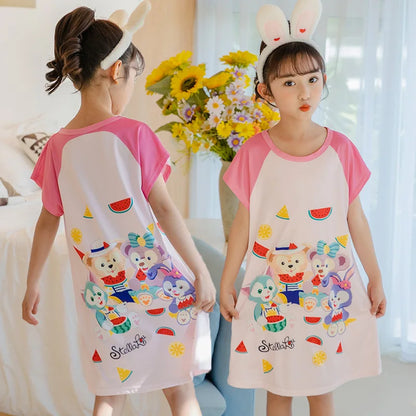MINISO Children Home Clothing Girls Night Dress Summer Short Sleeve Disney Hello Kitty Cat Toddler Girl Pjs Nightgown Sleepwear