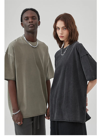 ZODF 2025 High Street Men Batik Washed Solid T Shirts Unisex Summer Loose Edge Noshrink 275gsm Cotton T-Shirt Streetwears HY0466