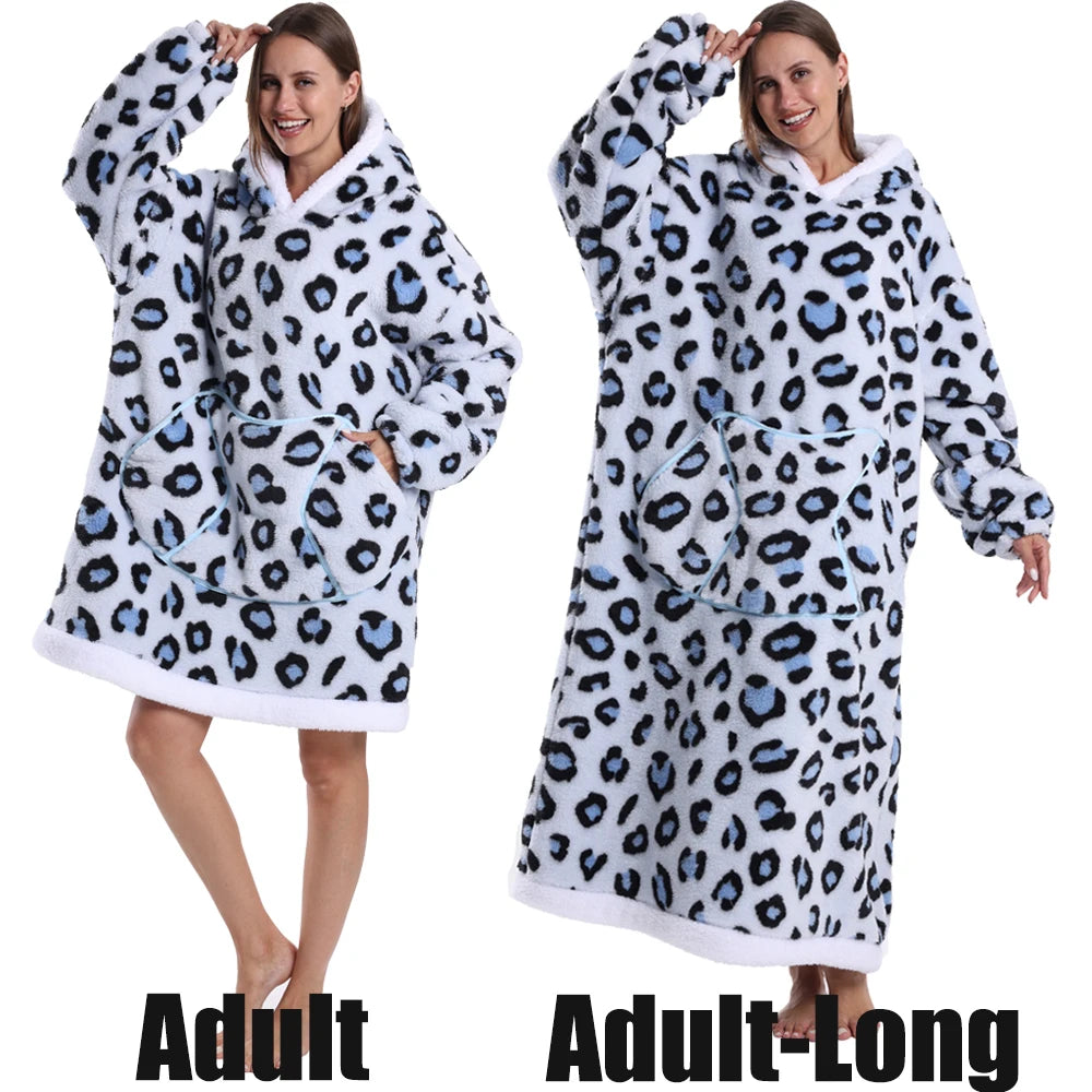 Winter Hoodies Women Men Clothes Blue Leopard Sweatshirt Korean Style Pullover Fleece Giant Oversized Blanket with Long Sleeves
